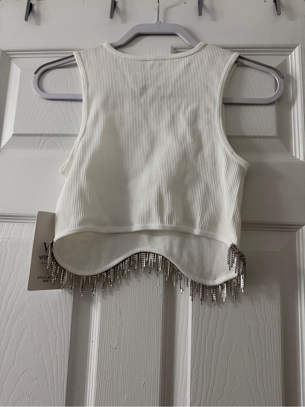 NWT White Ribbed Crop Tank Rhinestone Fringe Hem Festival Concert Top Size L - Picture 4 of 5